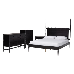 Baxton Studio Brantley Spindle 4-Piece Bedroom Set - Farmhouse Bed Frame with Matching Dresser, Chest, and 1-Drawer Nightstand, Black, King